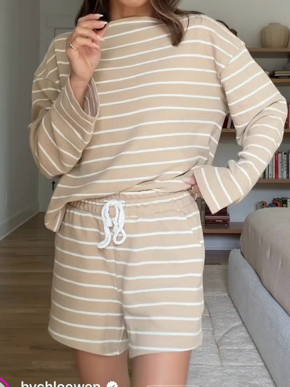 By Together Beige and White Striped Boatneck Sweatshirt